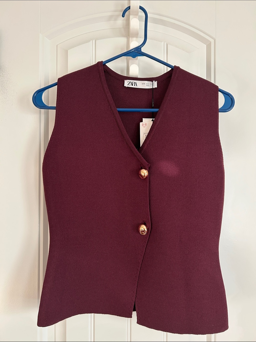 Zara Wine Red Knit V-Neck Button Vest